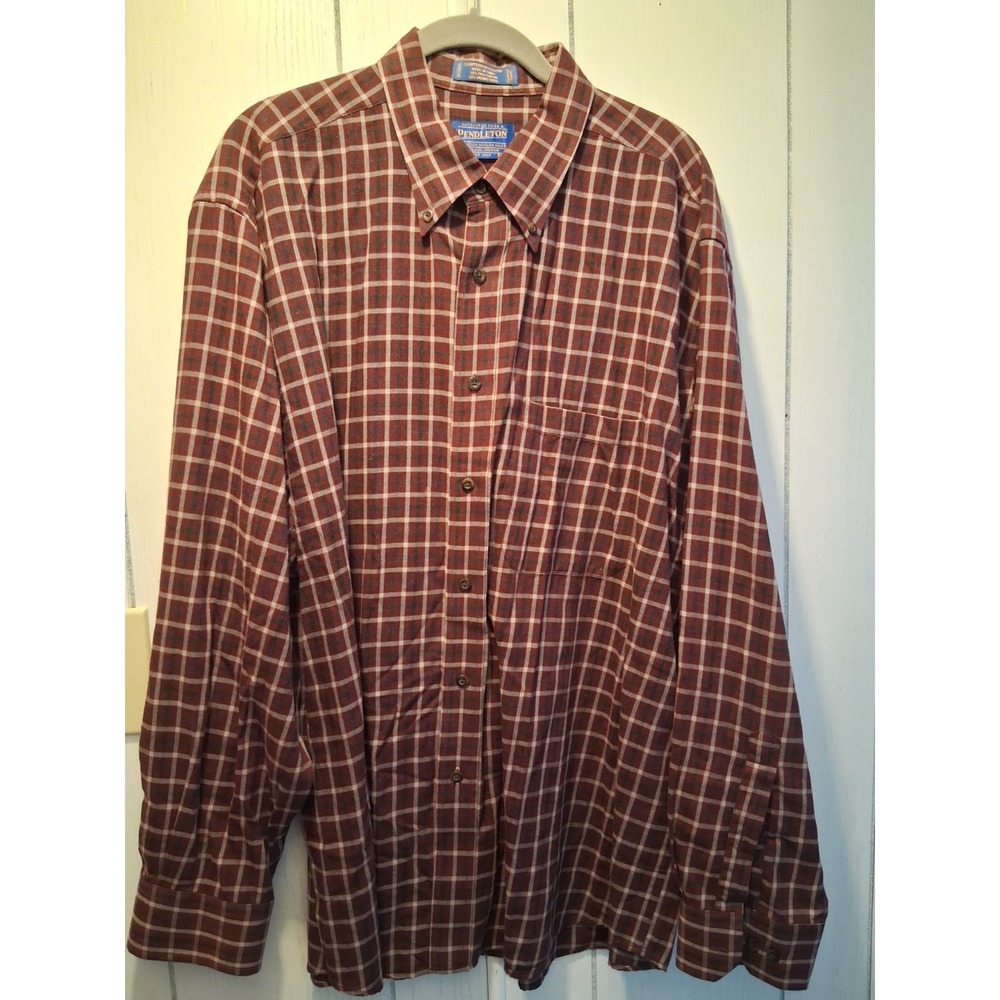 Pendleton Shirt Mens XL Burgundy Plaid Canterbury Cloth Pima Cotton Wool Blend